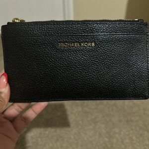 Michael Kors Black Pebbled Leather Zip Card Holder with Gold Logo